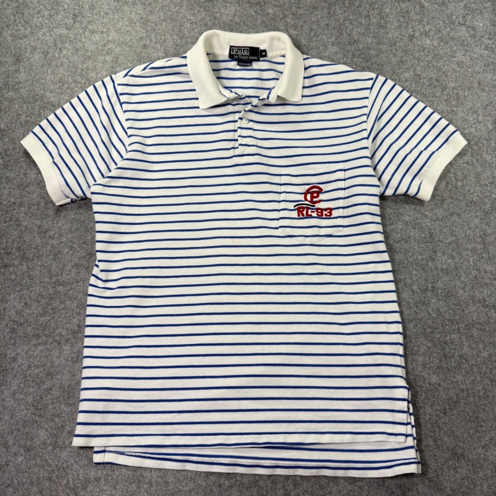 Rare Vintage Polo Ralph Lauren Mens M Blue White Striped RL-93 Shirt Made In USA